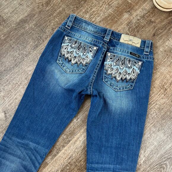Miss Me Jeans Bootcut Medium Wash Jeweled Pockets Embroidered Gold Flowers - Picture 4 of 8